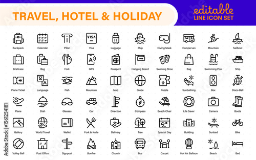 Travel outline icons set. Travel, hotel, holiday, tourism, beach, plane, map, agent and insurance. Booking, reservation, room, airport, accommodation.