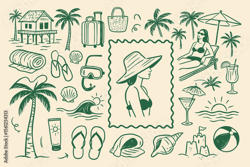 Collection of summer vacation doodles with beach elements in vintage green tones depicting