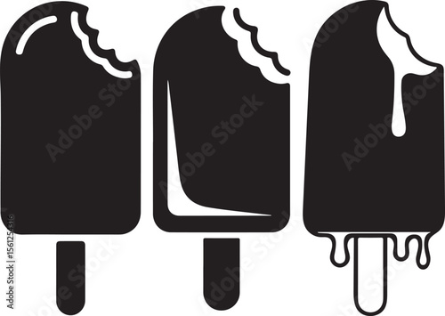 three bitten ice cream with drips silhouette isolated on transparent background