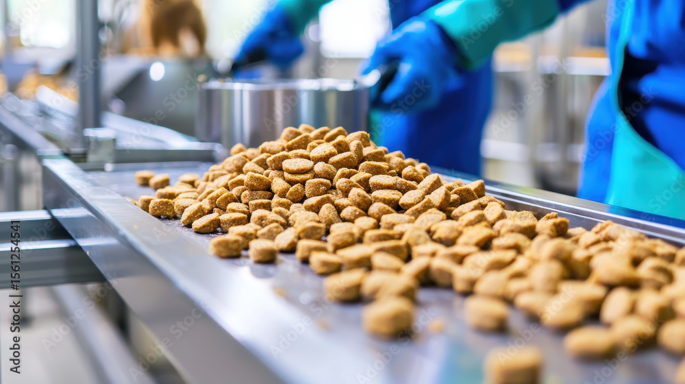 Fototapeta premium Pet food production involves careful handling of kibble on conveyor belt, showcasing manufacturing process