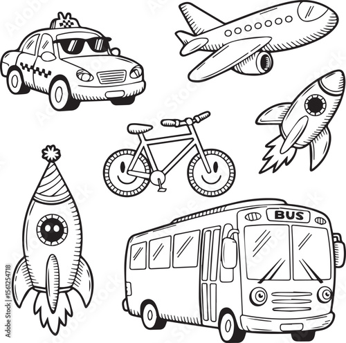 Transport and travel cartoon vector set with airplane car rocket cycle and school bus in playful theme