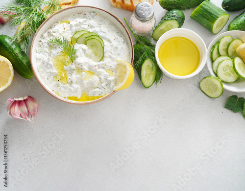 Tzatziki salad with roasted bread in white bowl on white background. Homemade Tzatziki salad with olive oil and copy space. Top view.