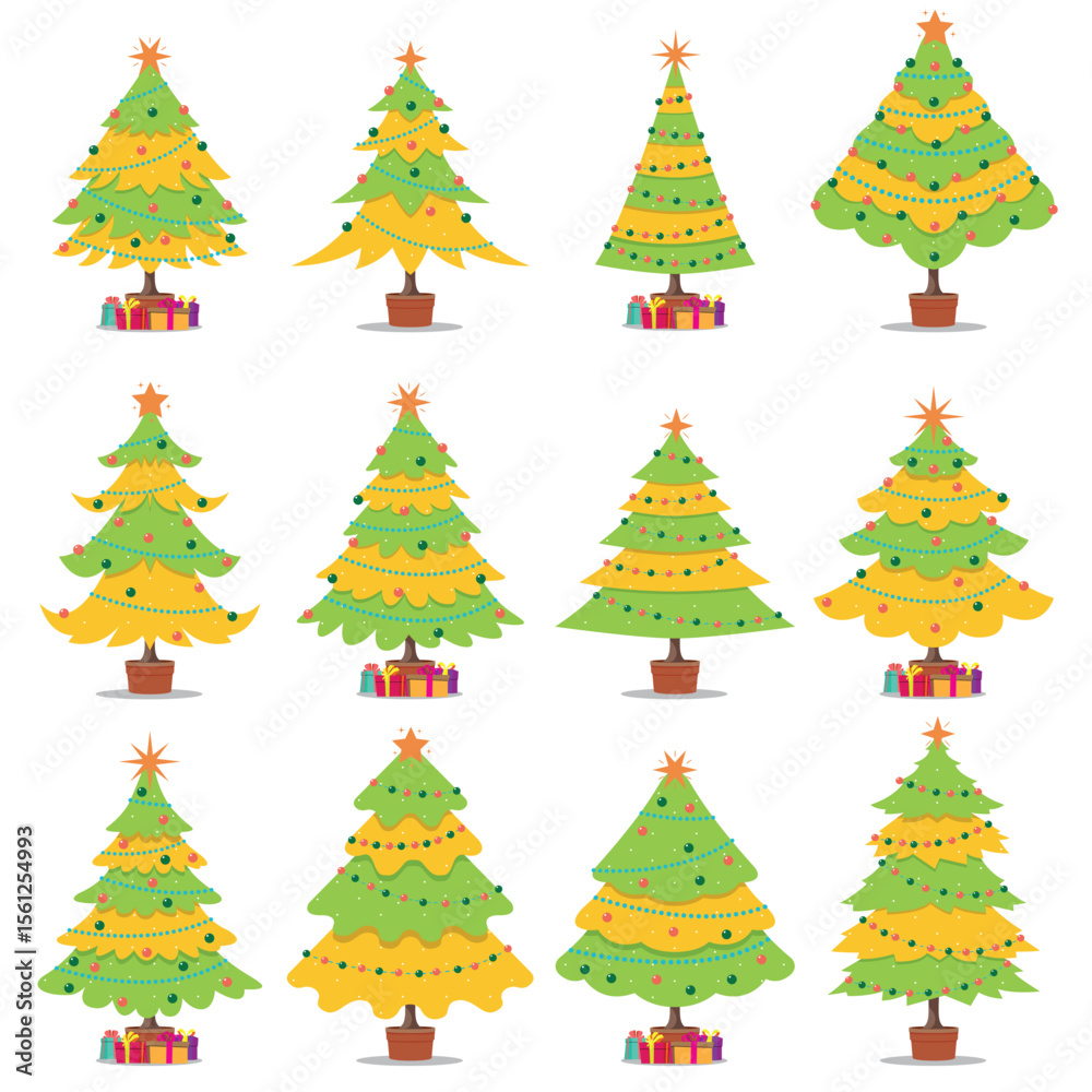 Obraz premium Multiple stylized Christmas trees with ornaments and presents, showcasing holiday cheer and celebration. Ideal for festive designs, invitation cards, and themes surrounding the joyous Christmas season