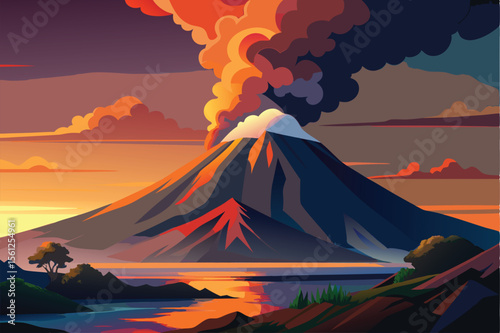 Volcanic Eruption at Sunset A Fiery Landscape Illustration