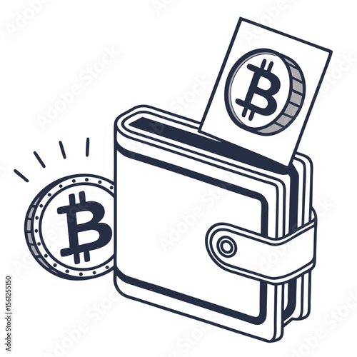 A wallet with a bitcoin card sticking out and a bitcoin coin next to it in a black and white illustration