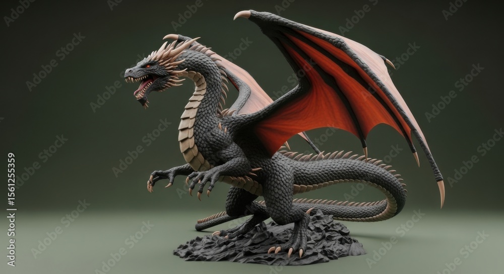 Obraz premium Majestic Black Dragon with Fiery Red Wings Stands Proudly on Jagged Rocks