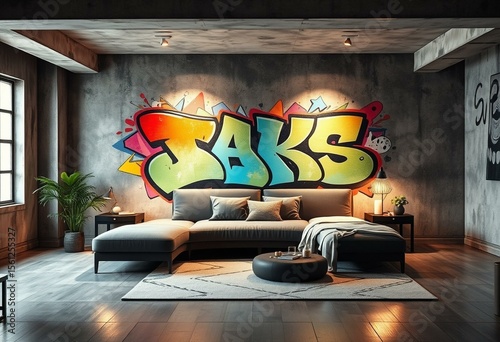 Stylish loft bedroom with concrete wall and vibrant graffiti art piece