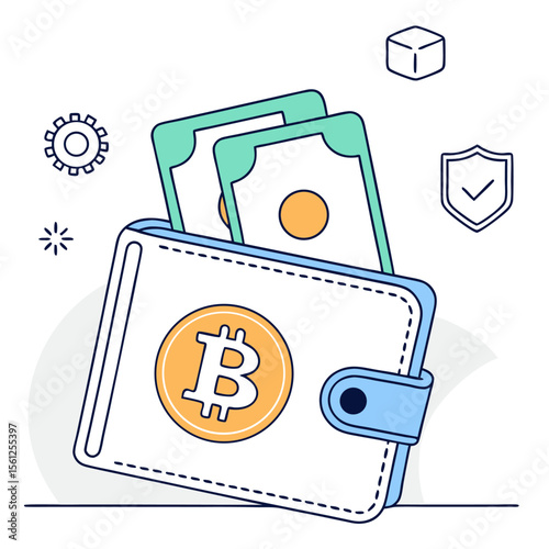 Wallet with bitcoin symbol and currency notes with security shield and gear icon illustration