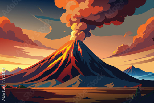 Majestic Volcano Eruption A Dramatic Sunset Landscape Illustration