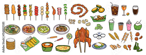 A set of street food isolated on white background, including Tom Yum Goong, grilled chicken, pork, sticky rice, hot dog, spicy curry, beverage, dessert. Colored with outlines. Vector and illustration.
