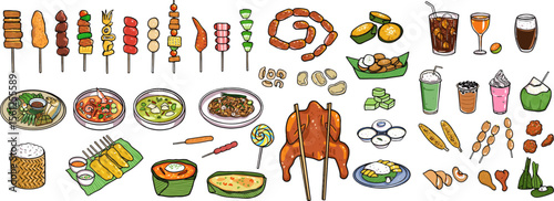 A set of street food isolated on white background, including Tom Yum Goong, grilled chicken, pork, sticky rice, hot dog, spicy curry, beverage, dessert. Colored with outlines. Vector and illustration.