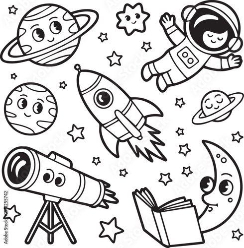 Outer space themed cartoon vector set with rocket planet astronaut telescope stars and moon for kids education