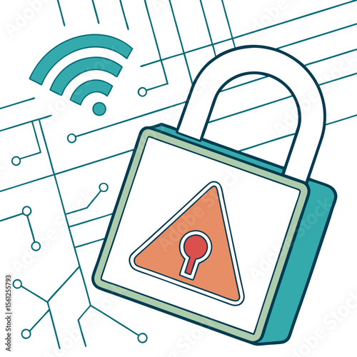 Illustration of a padlock with a warning sign overlayed on a network with a wifi symbol above it