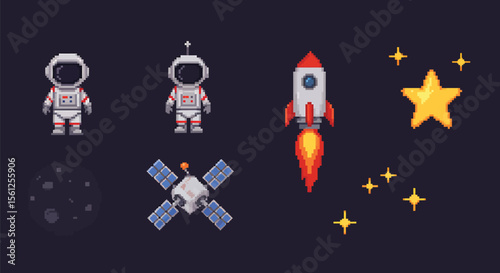 Pixel Art Space Icon Sheet Astronauts, Rockets, Satellites, Stars, and Asteroids for Game Development and Design Projects