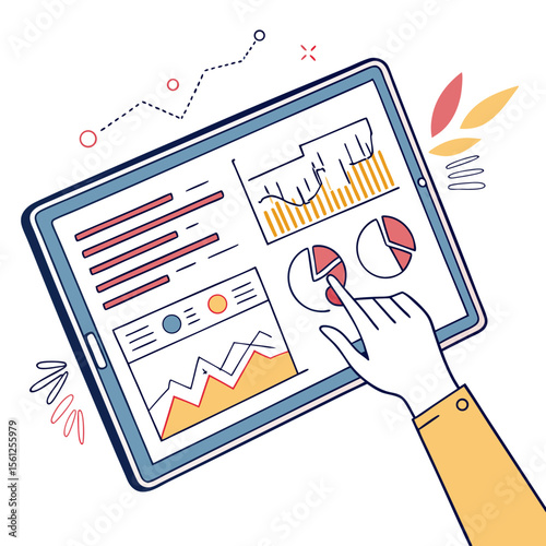 Hand interacting with data charts and graphs displayed on a tablet screen with decorative elements around it
