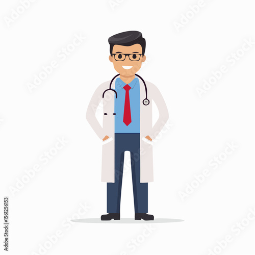 Cartoon illustration of a smiling male doctor in a white coat with a stethoscope and glasses.