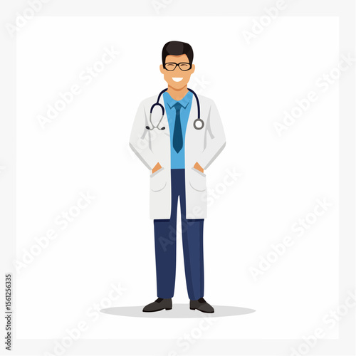 Confident male doctor in white coat, stethoscope, smiling.