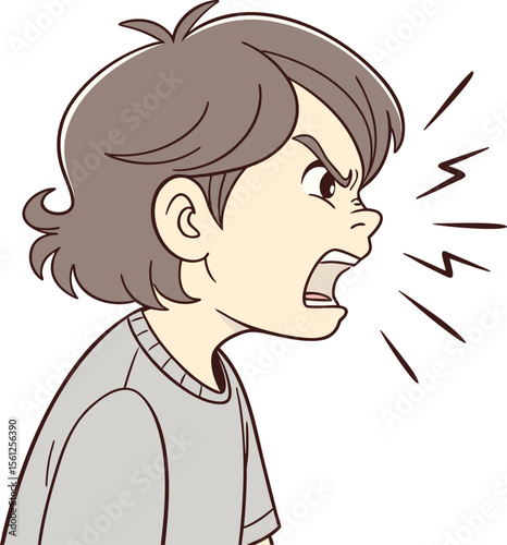 Child with furious expression and open mouth yelling intensely in an emotional side view vector drawing