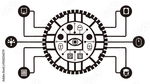 Complex technology interface with central eye icon and peripheral device connections shown in black and white
