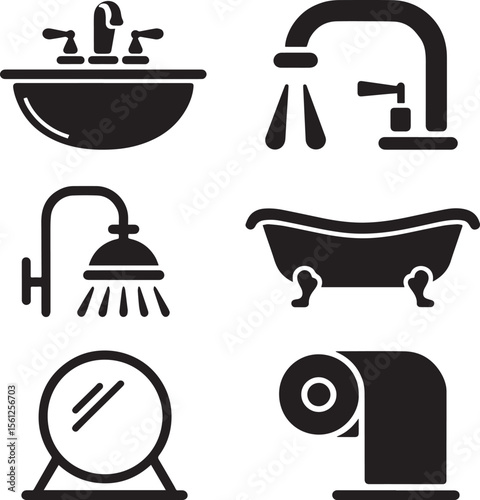 Vector icons of bathroom accessories including shower bathtub sink toilet paper and faucet for home decor