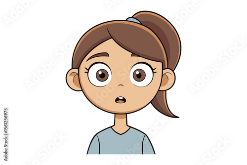 Startled Illustration: An artistic portrayal of a surprised girl with wide eyes, a light blue shirt and a ponytail, conveying emotions in a simple and captivating style.