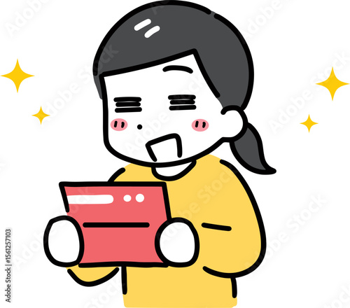 通帳を見て喜ぶ女性