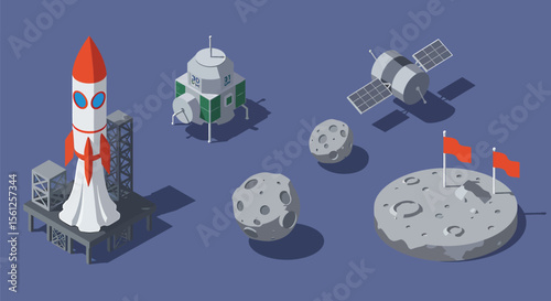 Isometric illustration of space exploration equipment, including a rocket, lunar module, satellite, and moon.
