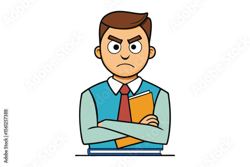 Cartoon man with angry expression and arms crossed holding a book standing on a stack of books