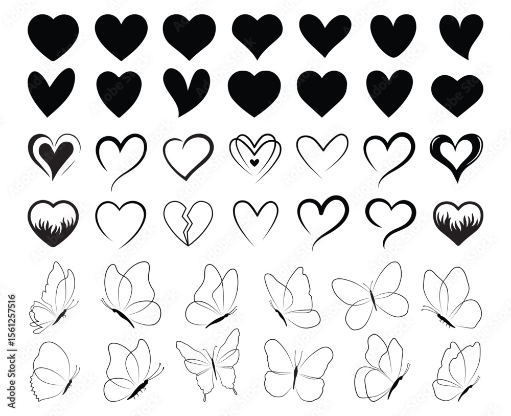 Fototapeta premium Set of hearts in black color, heart icons set vector, set of hearts different shapes for design. Heart collection. Vector art. Heart, love, romance hearts. Vector icons. Heart love symbol black