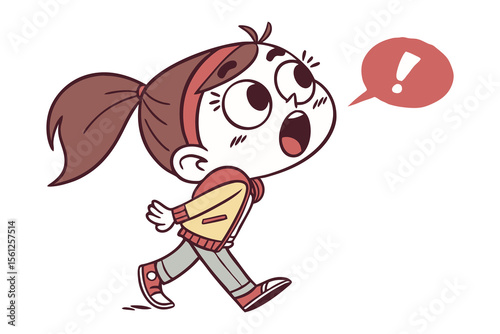 Surprised Girl Walking: A cartoon illustration of a girl with a ponytail, wearing a yellow jacket and grey pants.