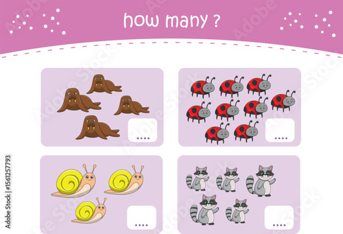 Count and match activity page for kids with cute wild animals. Elementary math for preschool and kindergarten. Vector illustration