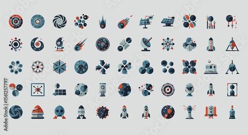 A collection of flat-design icons depicting science, space, and technology concepts.