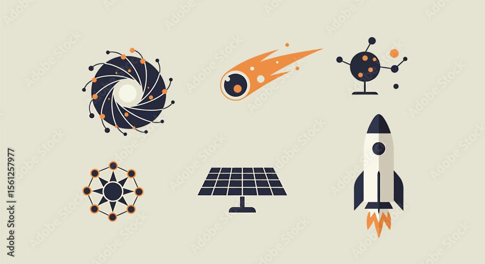 Obraz premium Stylized icons depicting space exploration, solar energy, and celestial phenomena.