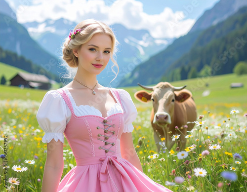 Allgäu alps with a rural Young woman wearing a dirndl and a serene cow