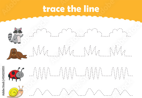 Handwriting Practice. Tracing lines for kids with animals. Vector Illustration
