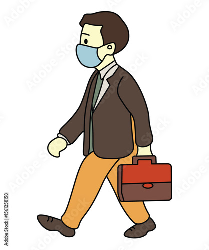 Businessman Walking with Suitcase and Mask

