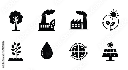 Collection of black and white icons representing environmental themes: tree, factory, leaf, water drop, solar panel, globe, and plant.
