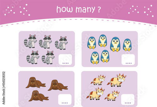 Count and match activity page for kids with cute wild animals. Elementary math for preschool and kindergarten. Vector illustration