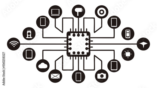 Illustration of a central processing unit connected to various devices in a network layout