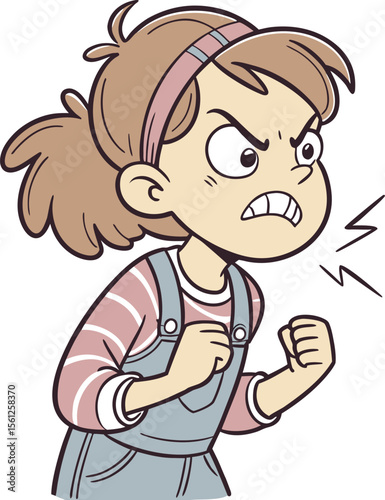 Cartoon girl clenching fists and shouting with angry expression in mid-action pose showing emotional release and determination