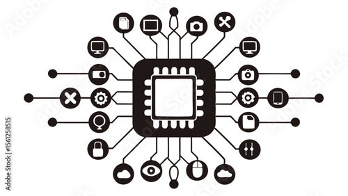 Central processing unit connected to various application icons in a black and white illustration