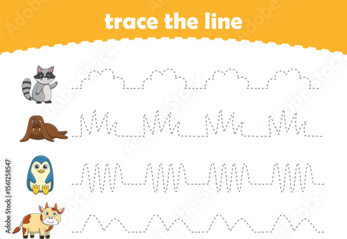 Handwriting Practice. Tracing lines for kids with animals. Vector Illustration