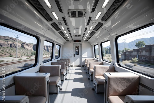 High-Resolution, Razor-Sharp Photograph of the Empty Interior of a Modern, Futuristic High-Speed Train Carriage, with Blurred Dynamic Landscape Visible Through Large Windows, Showcasing Technology, Sp