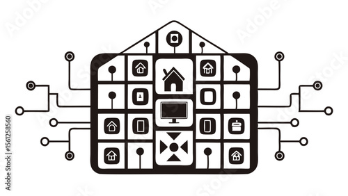 Illustration of a smart home concept with various icons arranged in a house shape design style