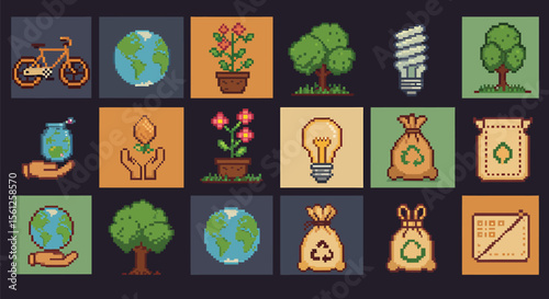 Pixelated icons representing environmental protection, sustainability, and eco-friendly concepts.