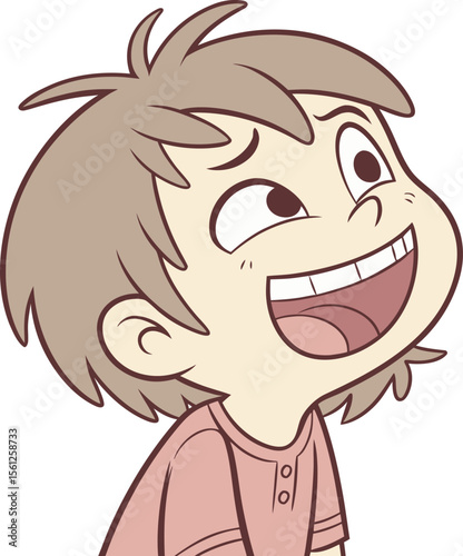 Happy cartoon boy with open mouth laughing joyfully and looking up with cheerful excitement and expressive eyes