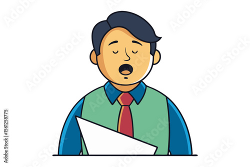 Cartoon man with closed eyes and open mouth wearing a shirt and tie appears to be singing or speaking