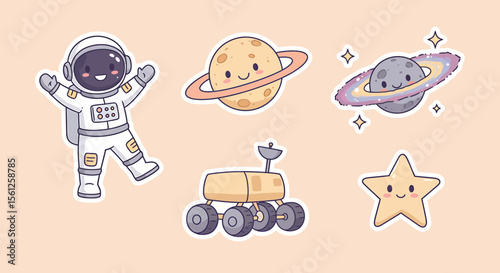 A cartoon astronaut joyfully exploring space alongside planets, rover, and stars.