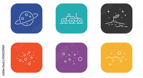 Space exploration icons: planets, rover, lunar landscape, meteoroids, and celestial elements.