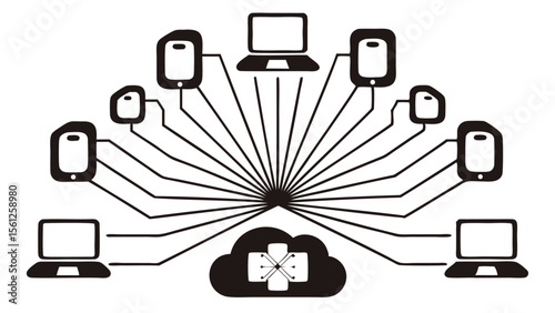 Illustration of network connectivity with laptops phones and a cloud server in black and white style